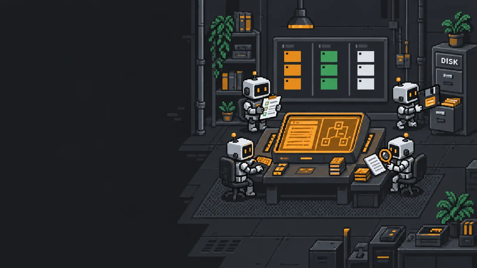 Pixel-art workshop: four small robots work around a glowing amber console, under a three-column task board, beside a filing cabinet labelled DISK.