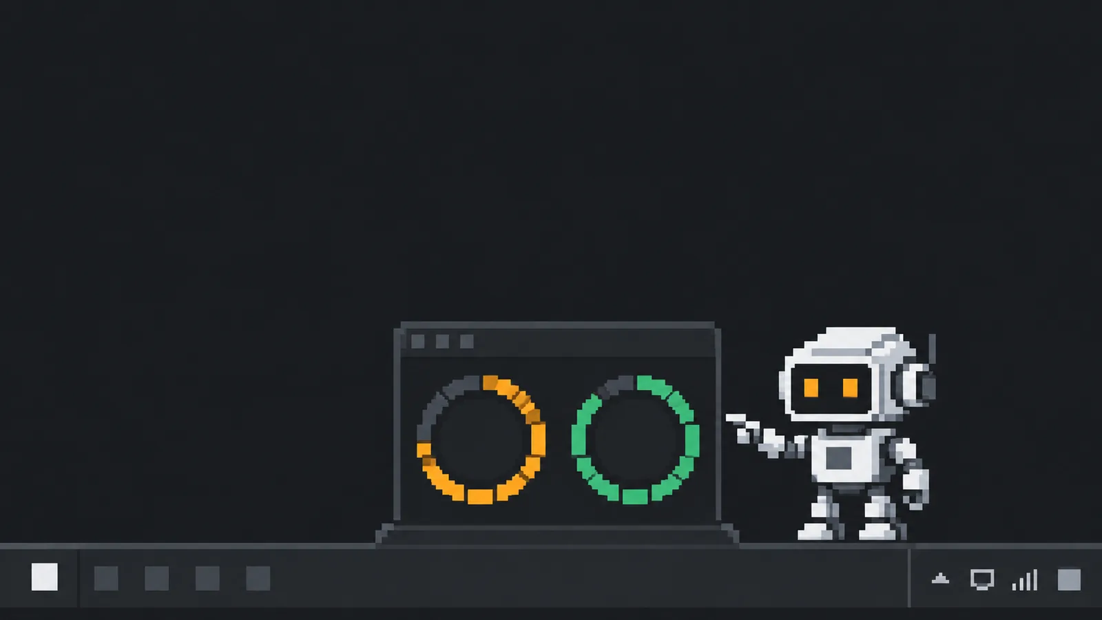 Pixel-art desktop: a small white robot points at two ring gauges, one amber and one green, on a monitor above a taskbar.