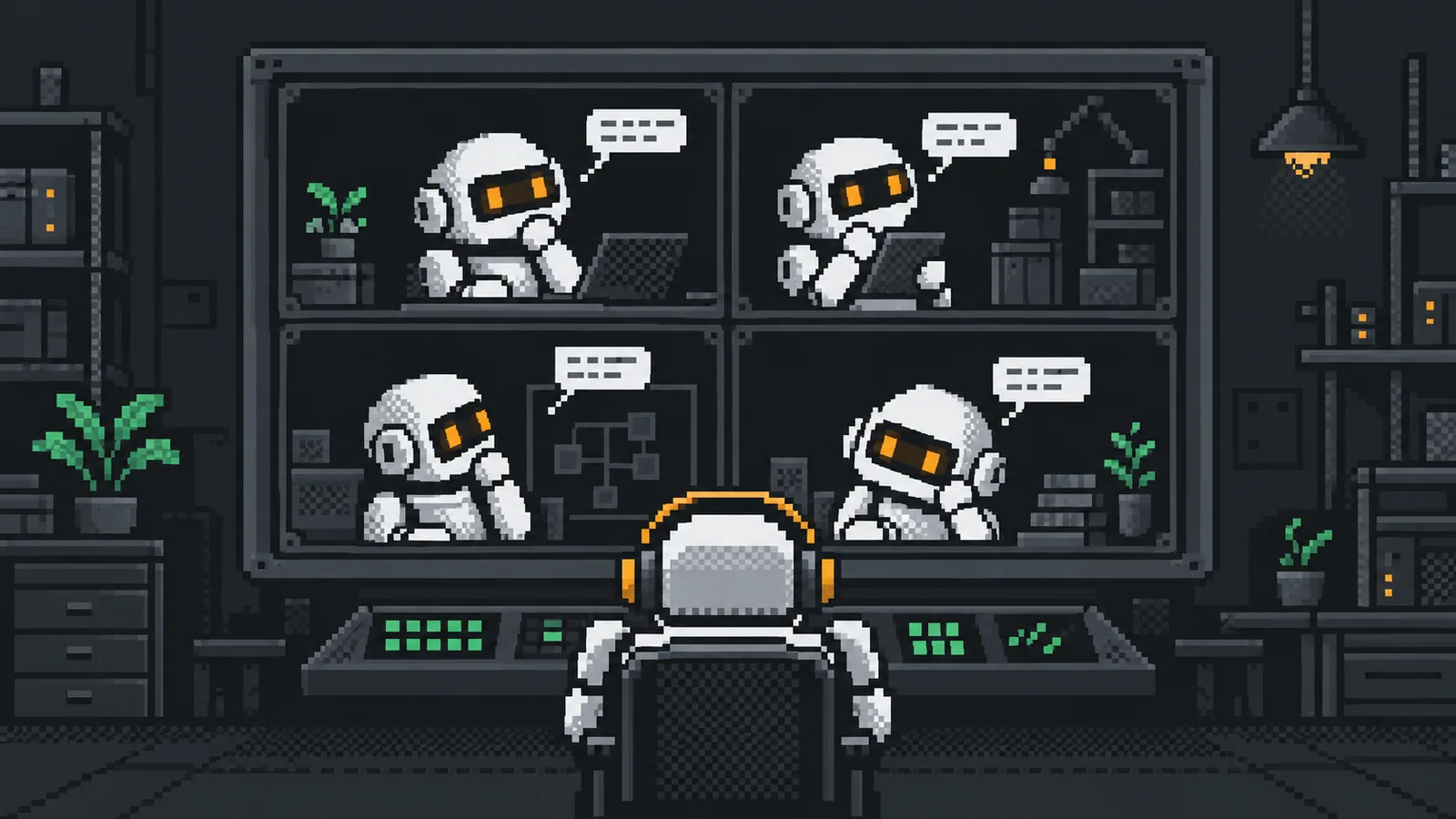 Pixel-art control room: a robot in a headset sits at a console facing a wall screen split into four panels, each showing a robot at a laptop with a speech bubble.