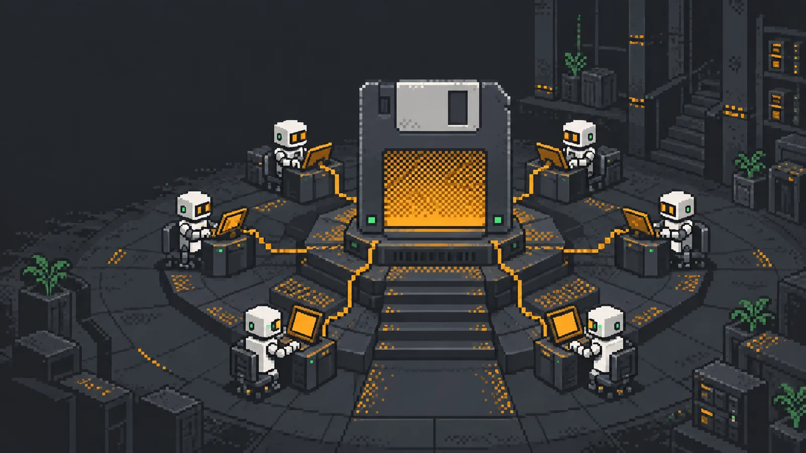 Pixel-art isometric hall: six robots at terminals sit in a ring around a giant floppy disk on a stepped dais, wired to it by glowing amber lines.