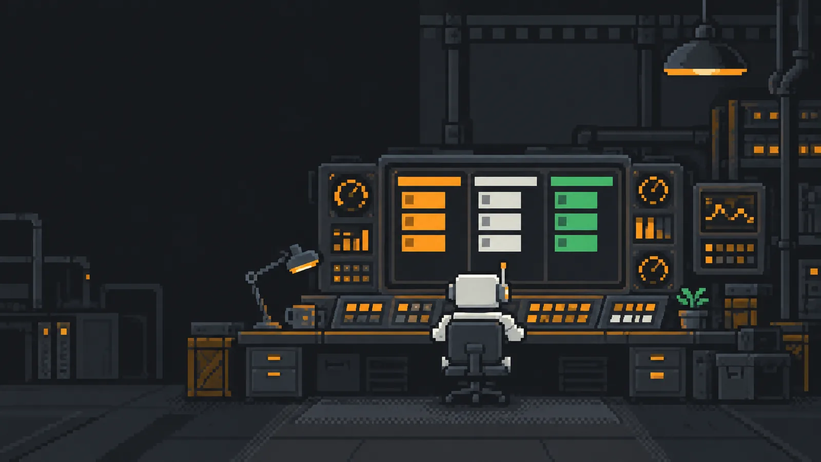 Pixel-art operations desk: a robot in a swivel chair faces a large monitor showing three kanban columns in amber, white and green, flanked by gauges and charts.