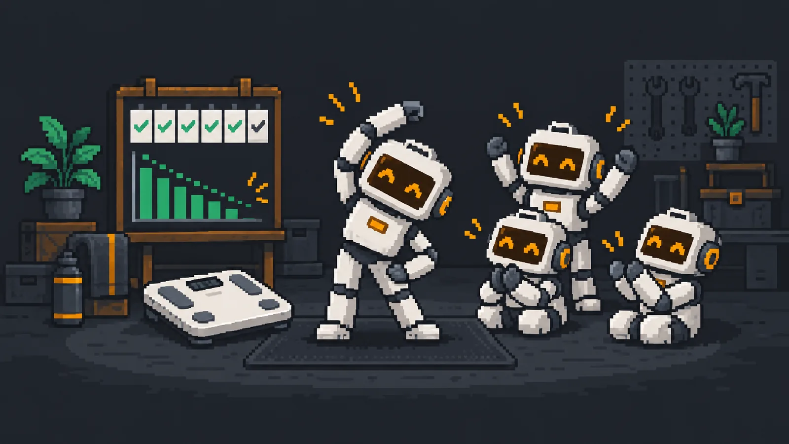 Pixel-art gym: four cheering robots stretch and celebrate beside a bathroom scale and a board of ticked days above a falling green bar chart.