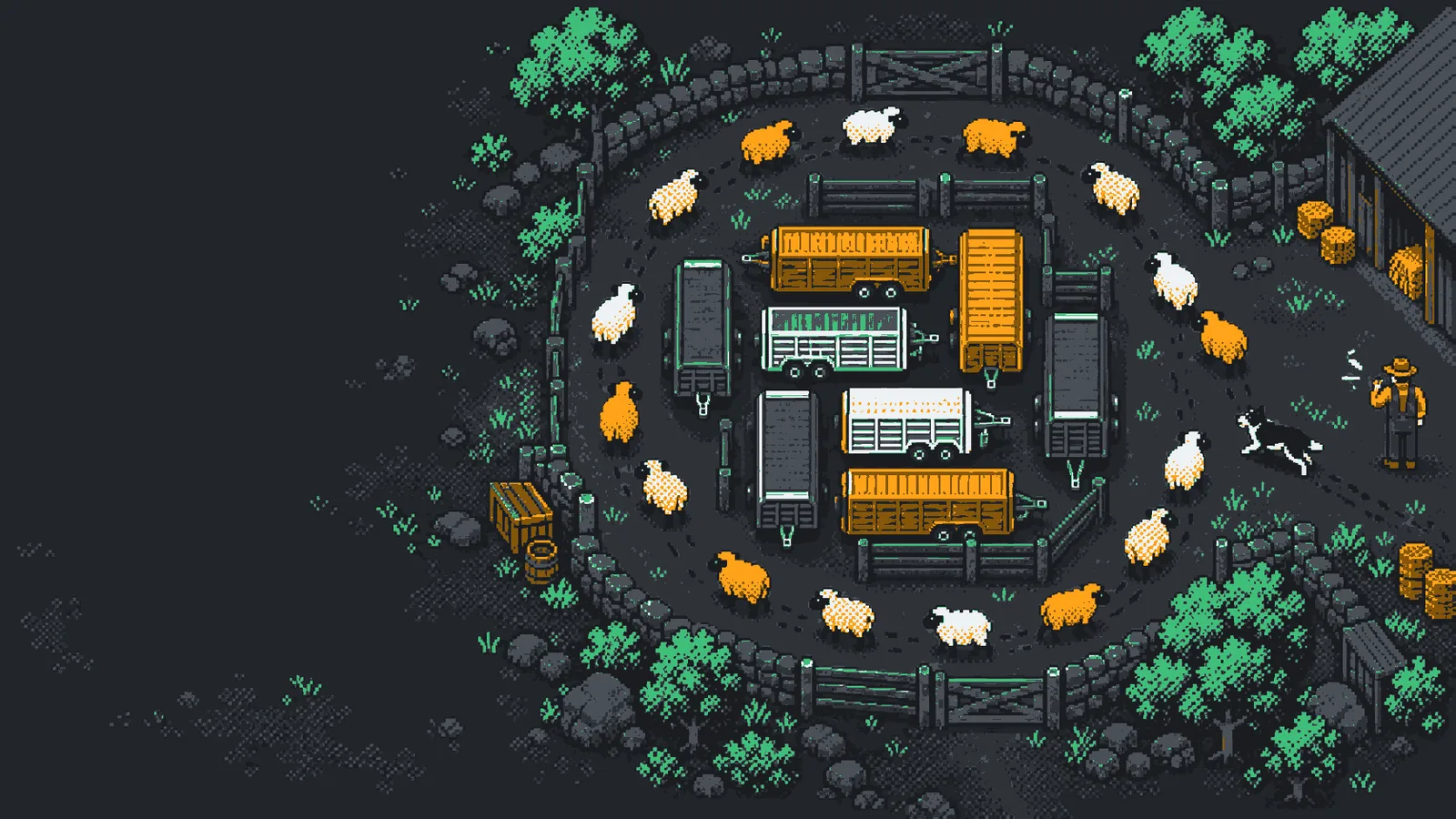 Pixel-art farmyard from above: amber, green and white livestock trailers jammed in a walled pen, circled by a flock of white and amber sheep, with a farmer and sheepdog at the edge.