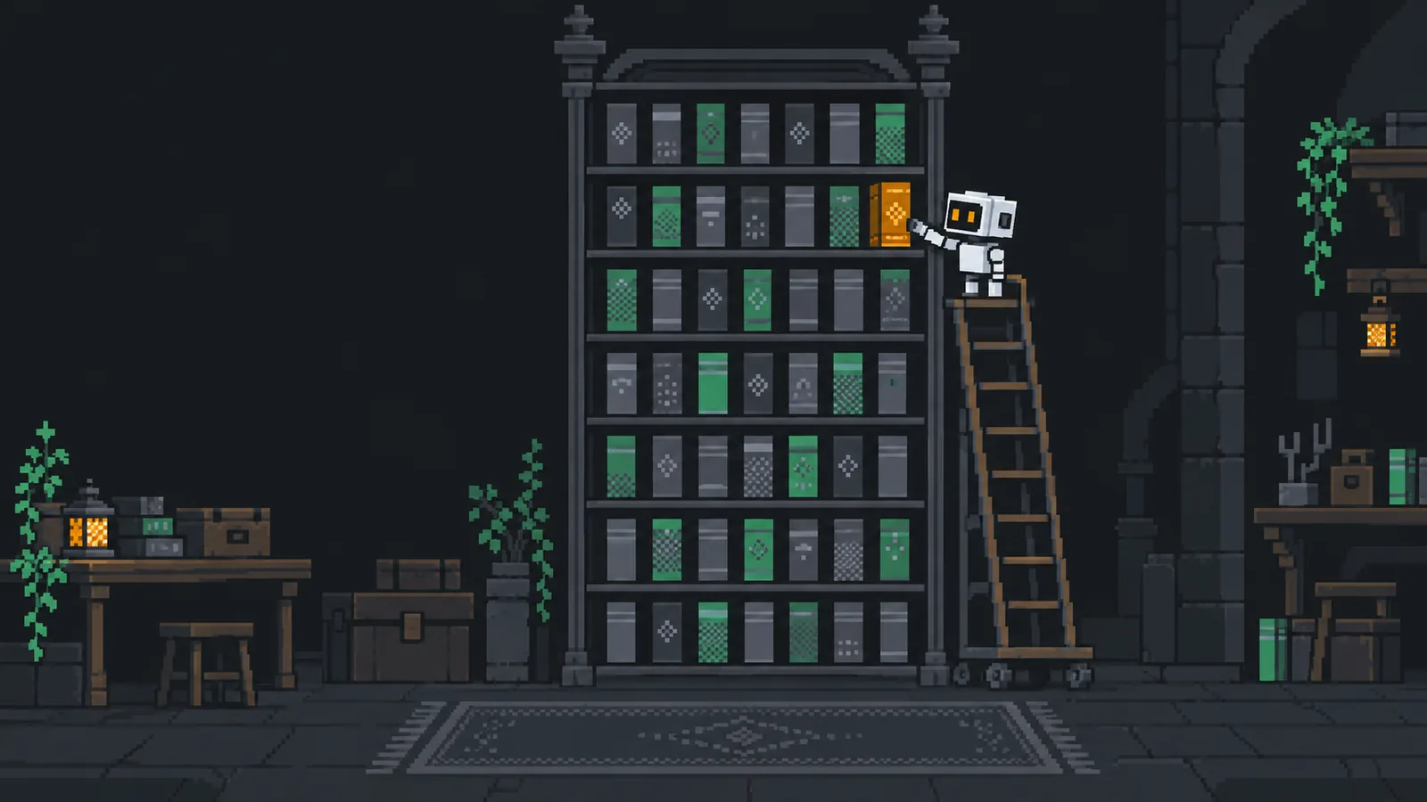 Pixel-art library: a tiny robot on a rolling ladder slots an amber book into a tall shelf of grey and green volumes.